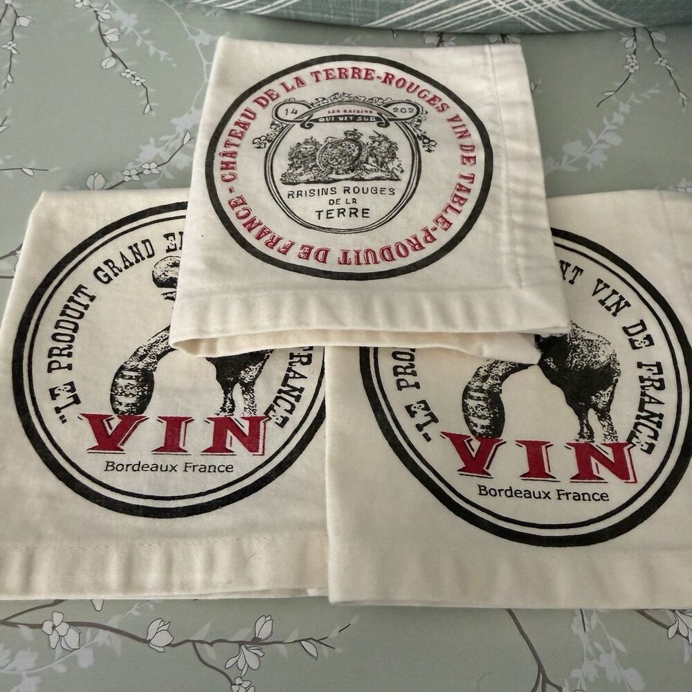 Pottery Barn Cocktail White Napkins Set 3 Cotton Old French Wine Labels Unused